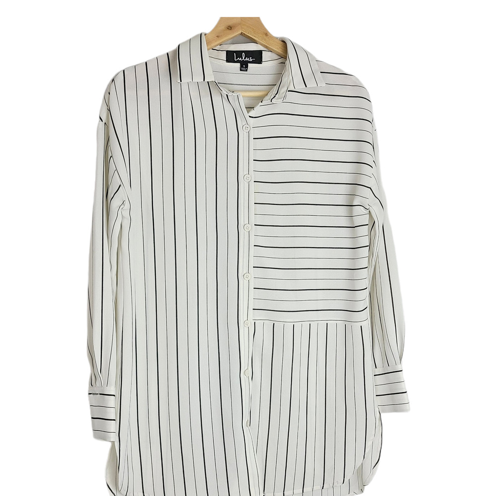 Lulu's White Button-Down Shirt with Black Stripes